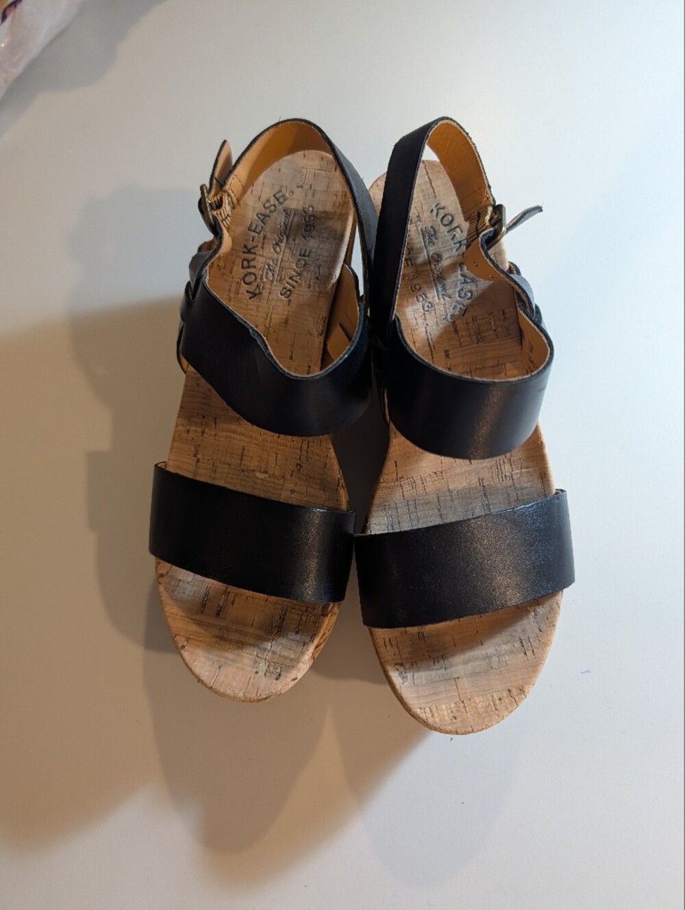 Kork-Ease Austin Woman's Size 7 Black Leather Cork Wedge Sandals